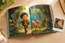 Le livre relié ouvert, avec l'enfant illustré en héros à côté de sa vraie photo