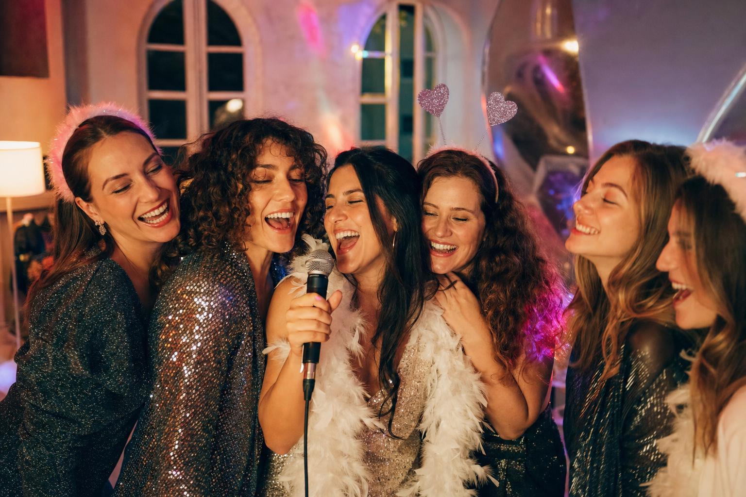Un groupe d'amies chante à tue-tête au micro lors d'un EVJF sous une boule à facettes