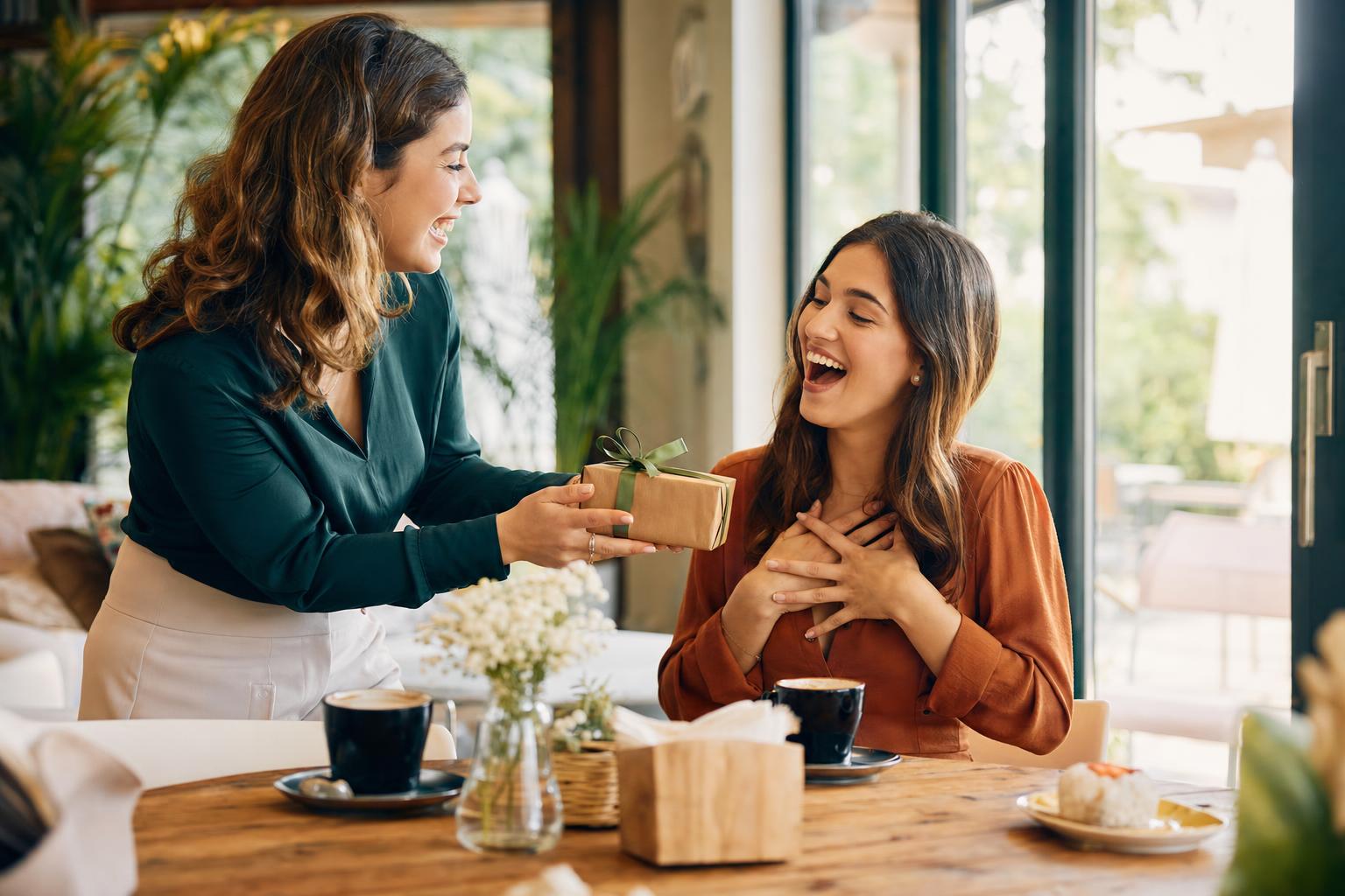 Une jeune femme offre joyeusement un cadeau surprise à son amie ravie, autour d'un café lumineux