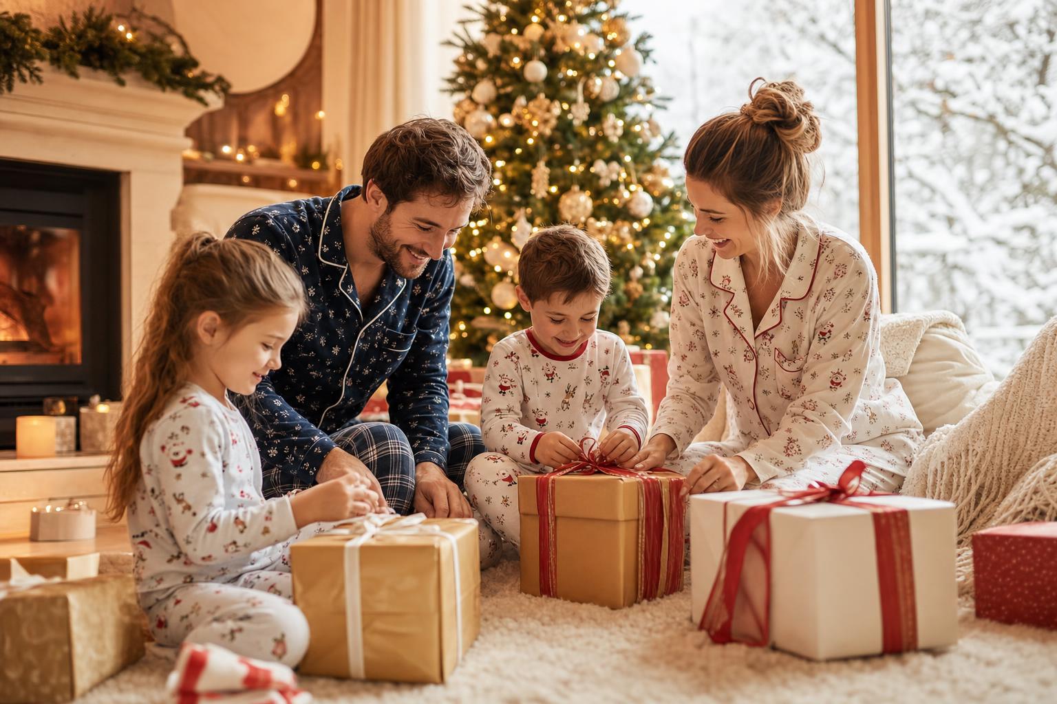 Un enfant émerveillé ouvre un cadeau au pied du sapin de Noël, entouré de sa famille